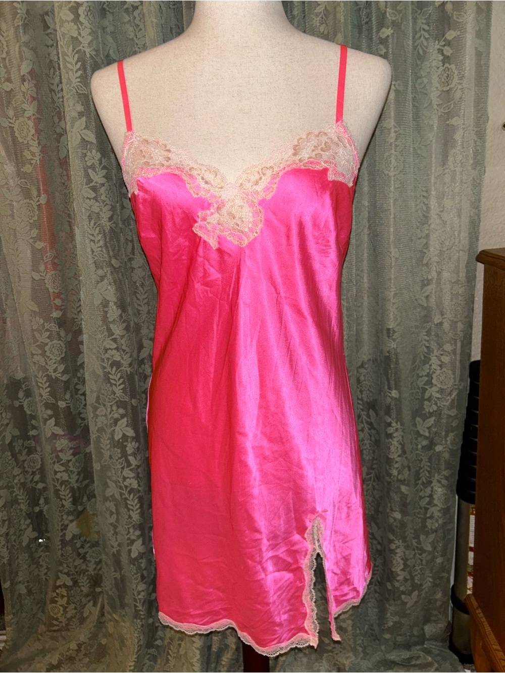 Victorias Secret Satin Pink Lace-Trim Slip Dress